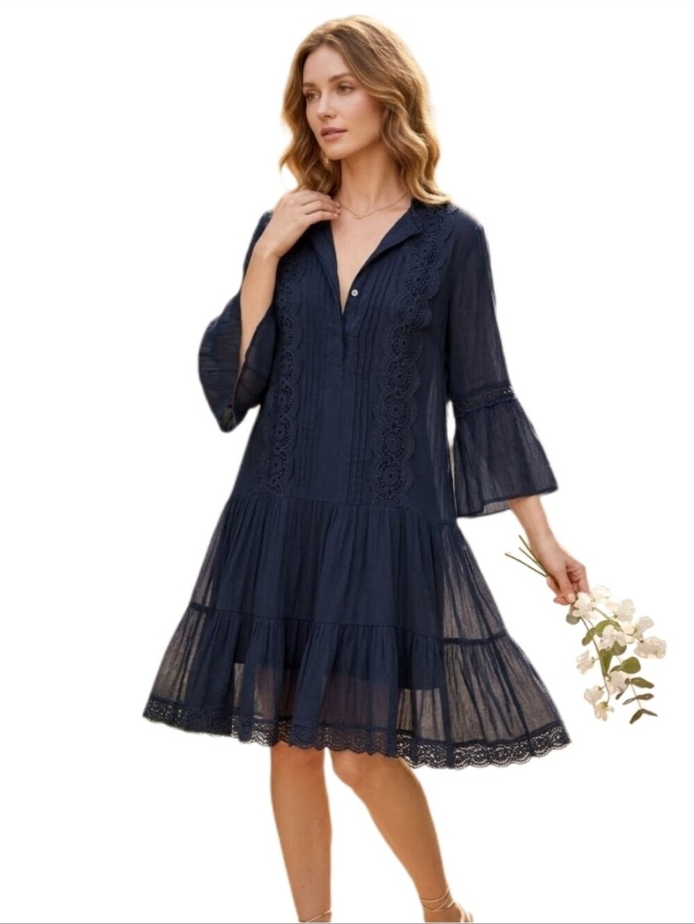Loft Dress Ruffles and Lace Relaxed Fit Navy Size 6